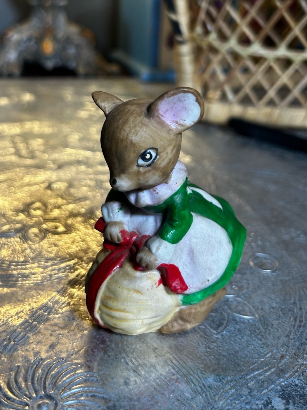 Vintage Bisque Porcelain Christmas Mouse Riding a Walnut